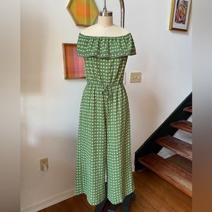 Max Studio Womens Green Floral Jumpsuit, Crepe Off Shoulder Wide Leg. Size S